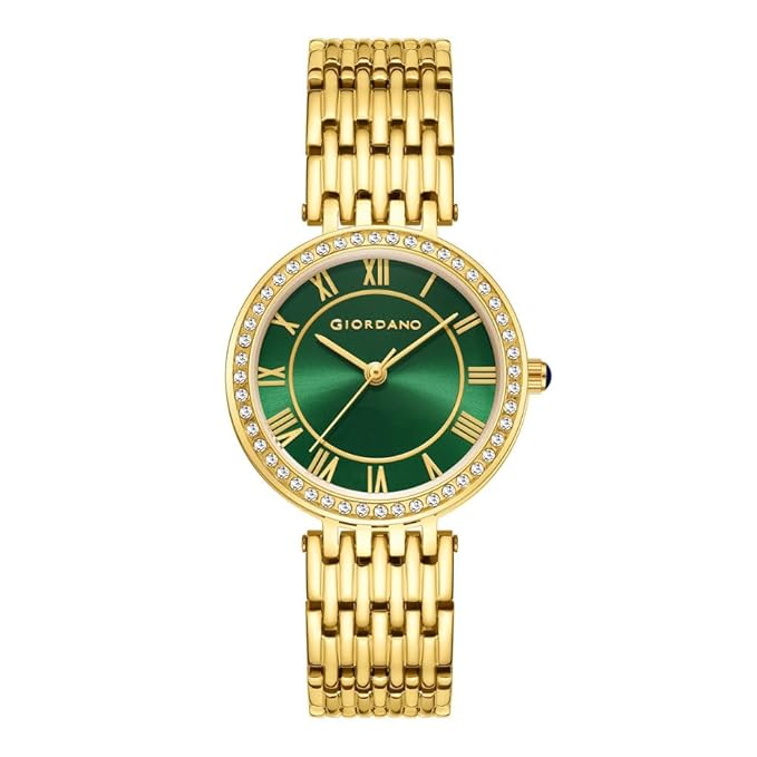 Giordano Eleganza Collection Round Analog Watch for Women, Diamond-Set with Metal Strap Ladies Water Resistant Wrist Watch - A2083